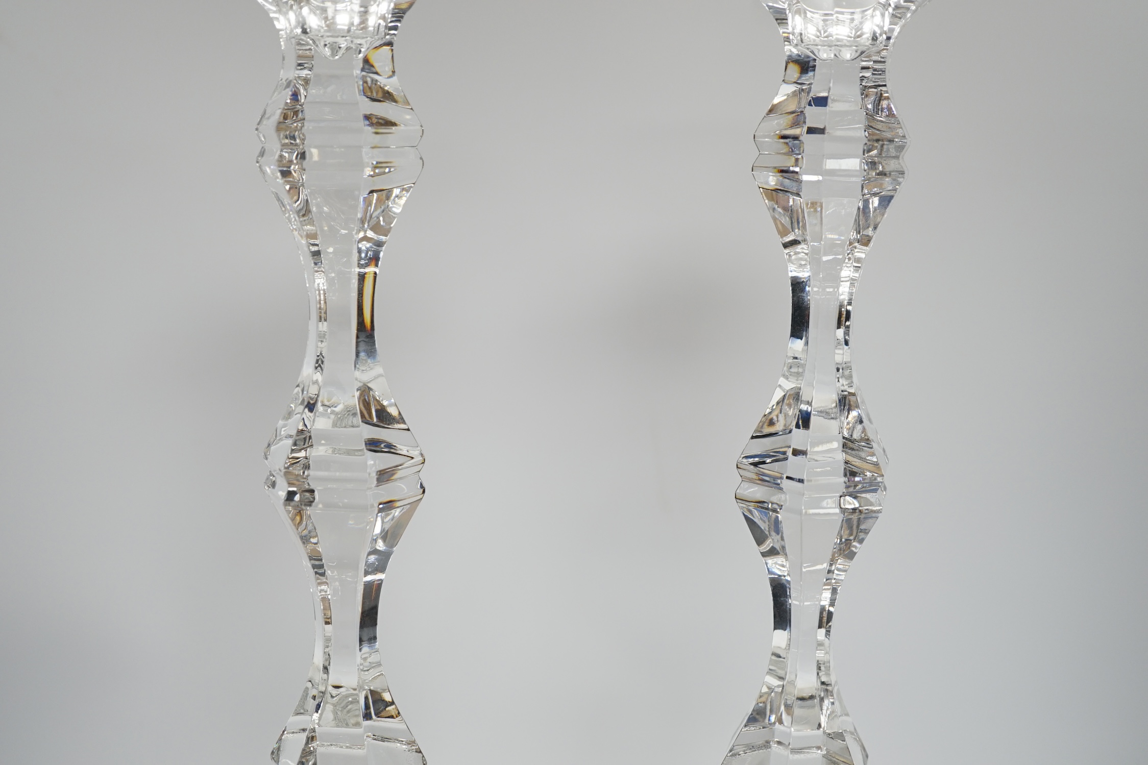 A pair of boxed tall Kenneth Turner glass candlesticks, 45.5cm